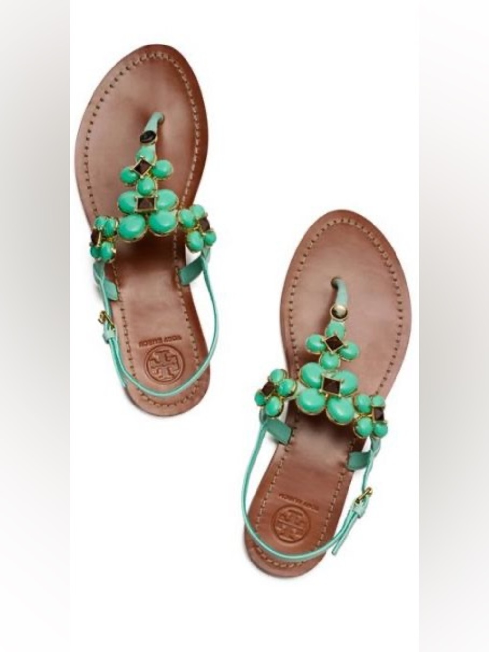 Tory Burch Mint Jeweled T-Strap Leather Sandals